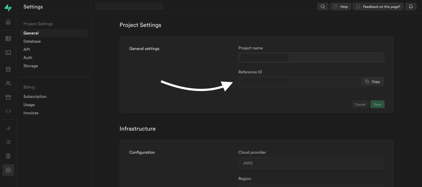 Supabase reference id in Supabase dashboard