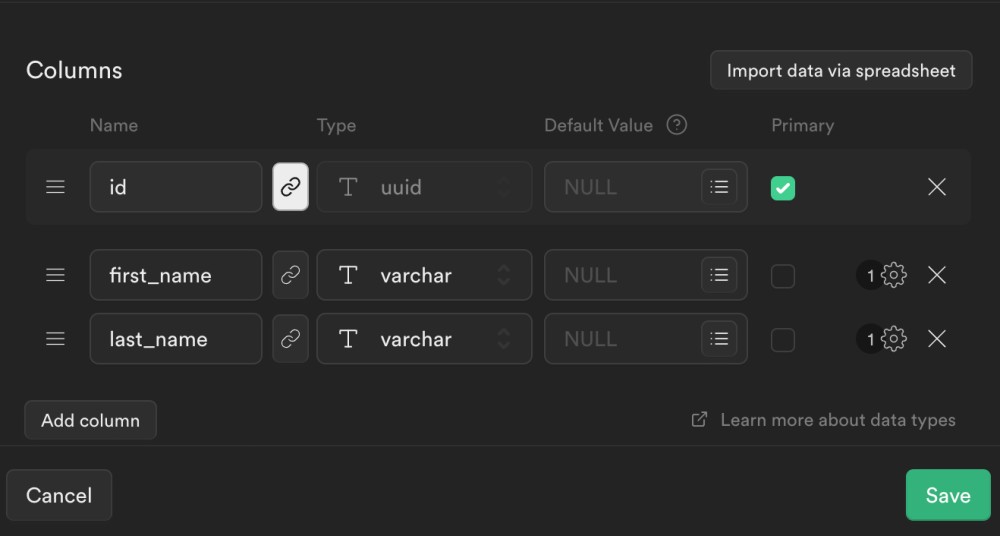 Added foreign key, click to create table