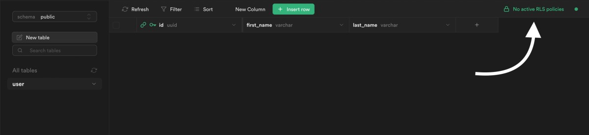 Table created with row level security, but no policies yet