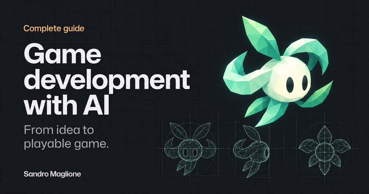 Mint-green Wind Spirit render and orthographic wireframe studies beside the Game development with AI title